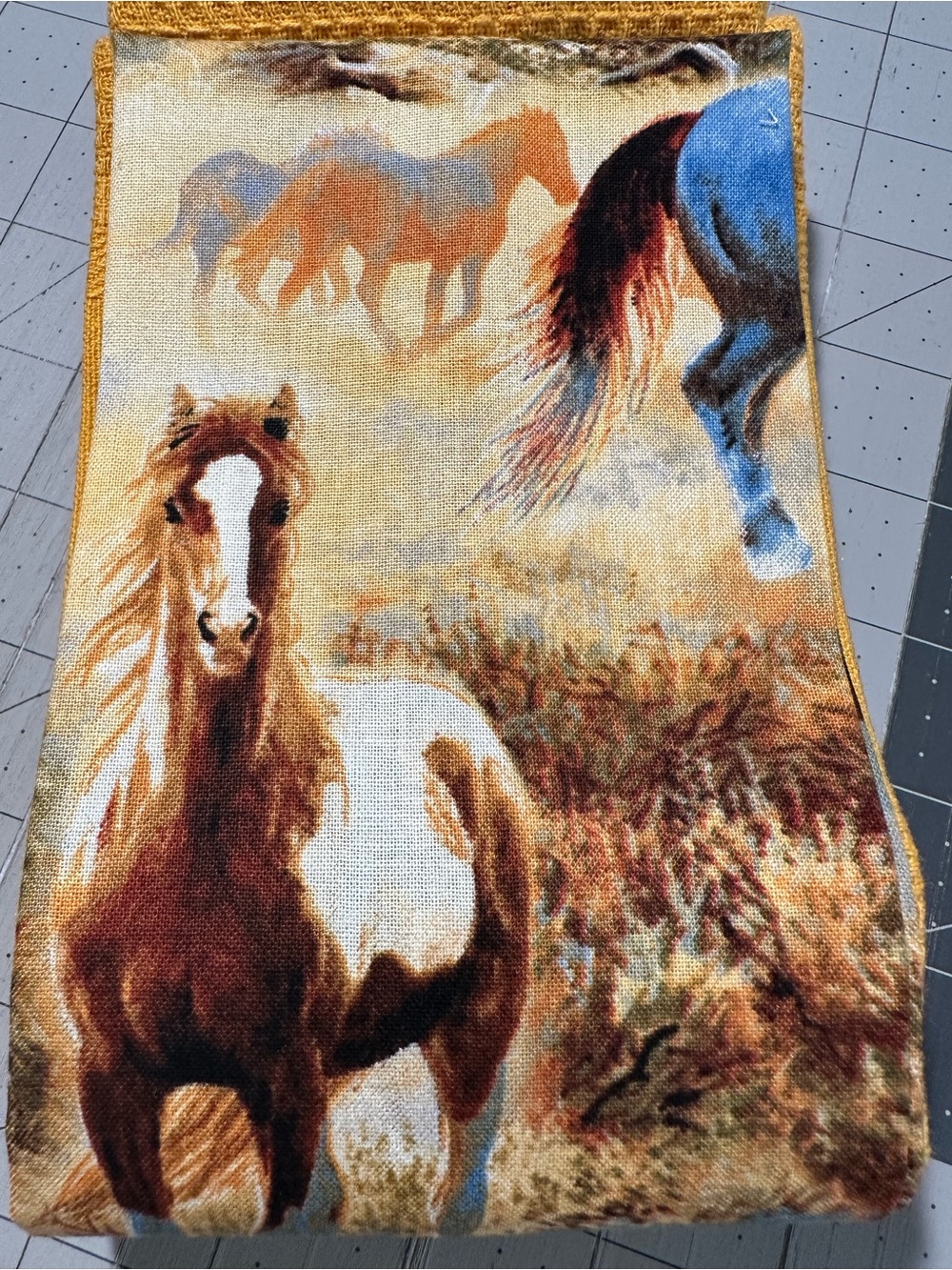 Handmade Wild Horse Print Kitchen Scarf in Mustard and Multi - Picture 10 of 10